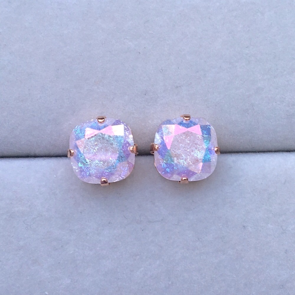 Aurora Borealis Pink Ice + Rose Gold Cushion Cut Crystal Earrings - Picture 3 of 10
